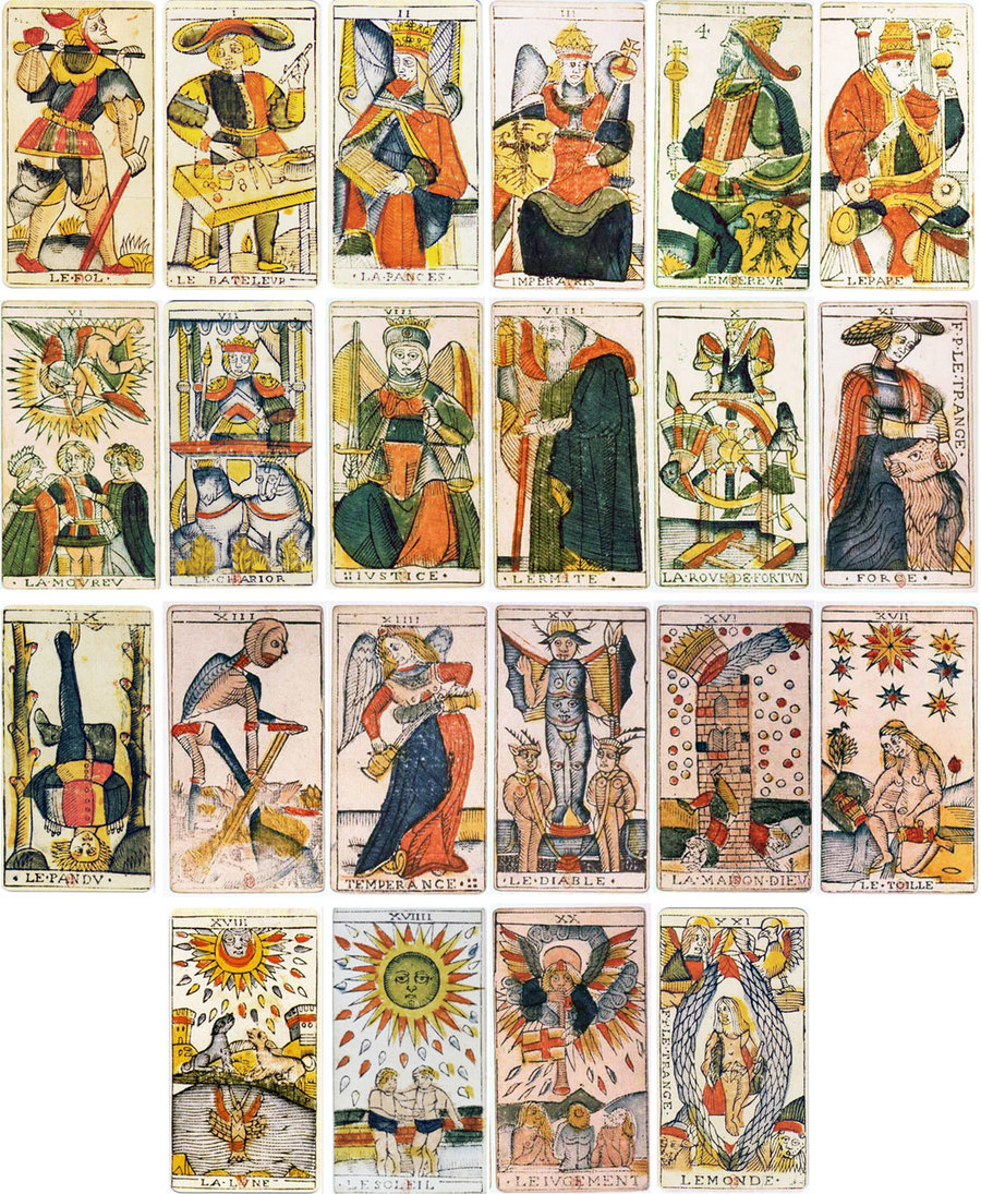 TAROT - MARSEILLES DECK. The 22 major atout, or picture cards, of the Tarot.  Marseilles design of mid 19th century, re-designed with legends in English  Stock Photo - Alamy